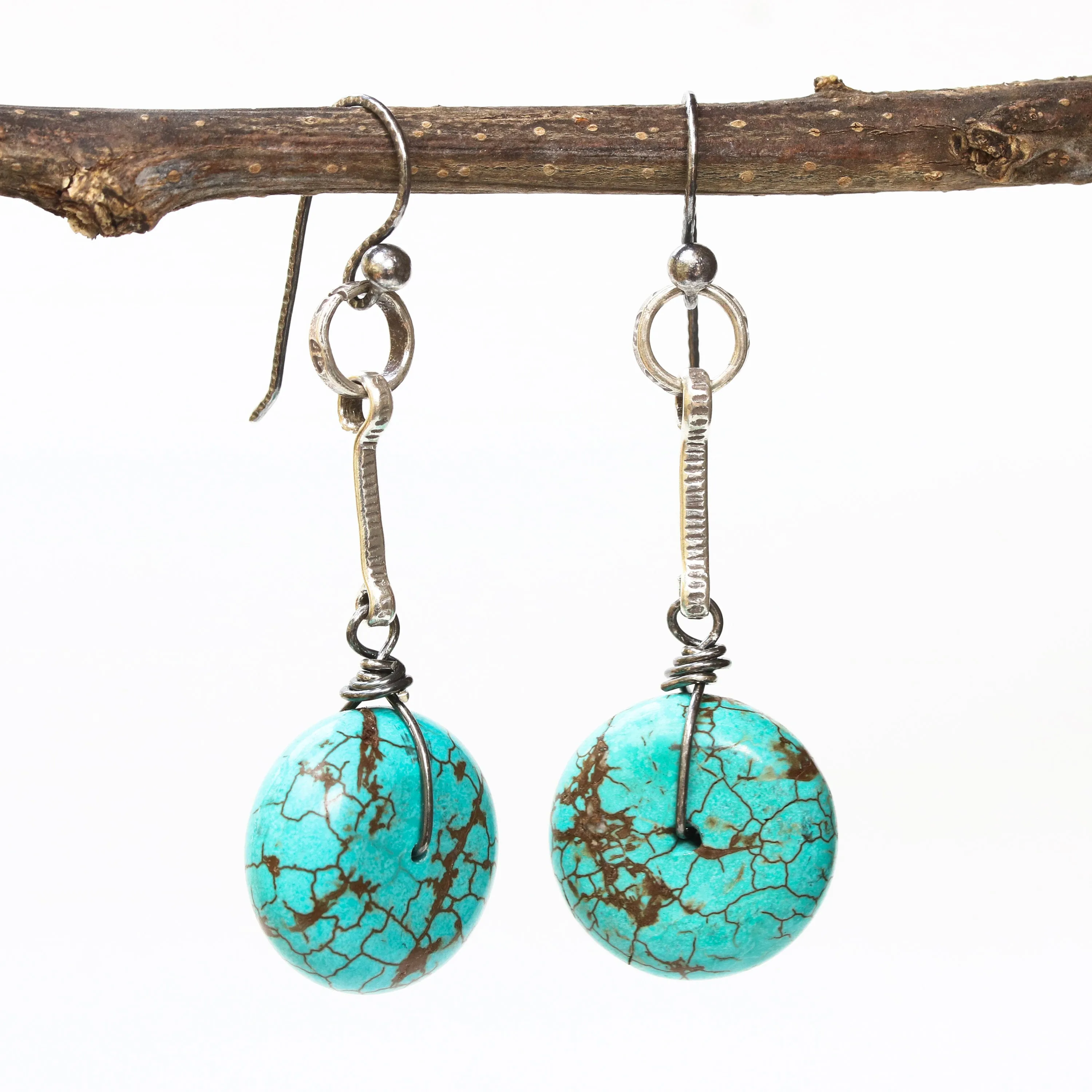 Round blue dyed howlite  earrings with oxidized silver bar on sterling silver hooks style
