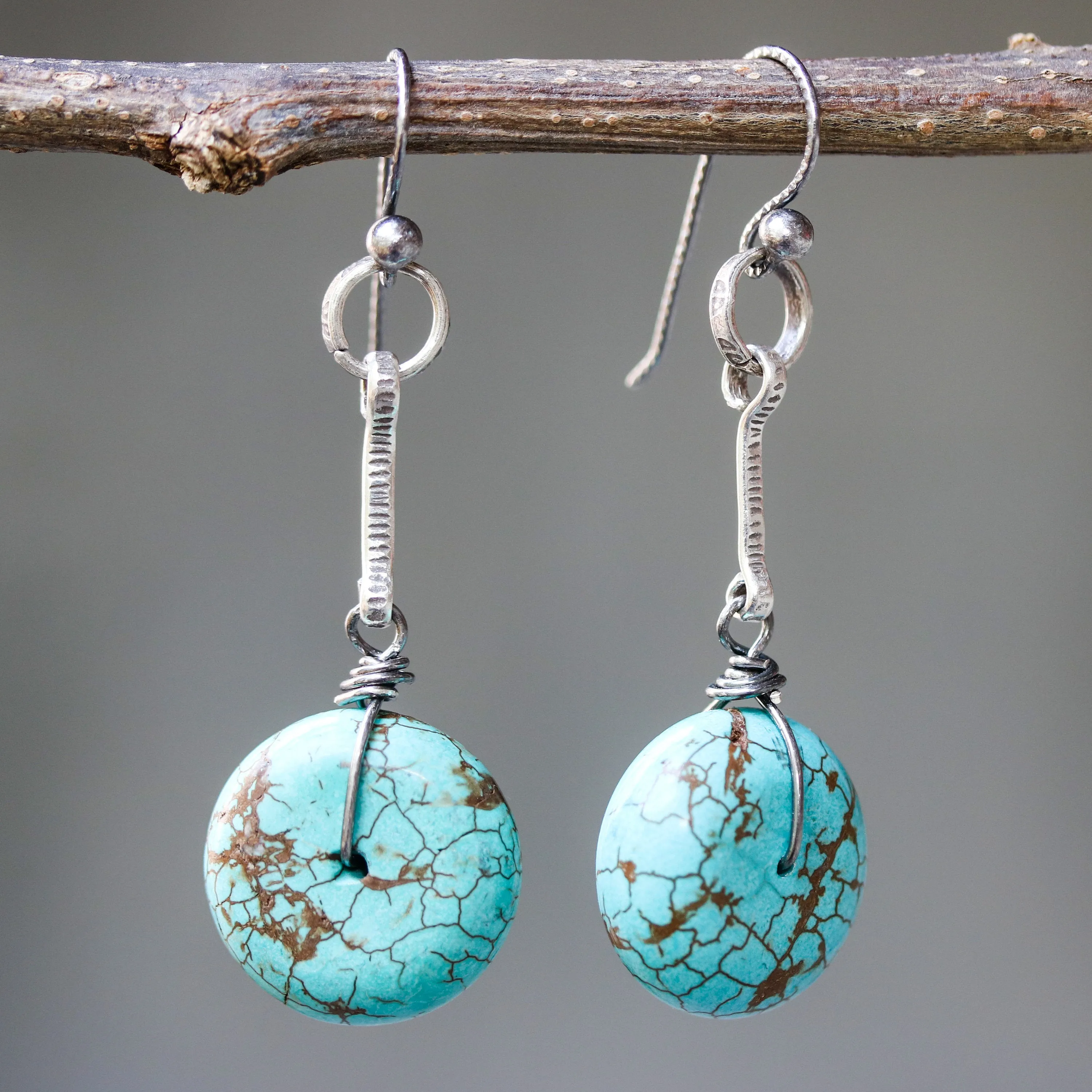 Round blue dyed howlite  earrings with oxidized silver bar on sterling silver hooks style
