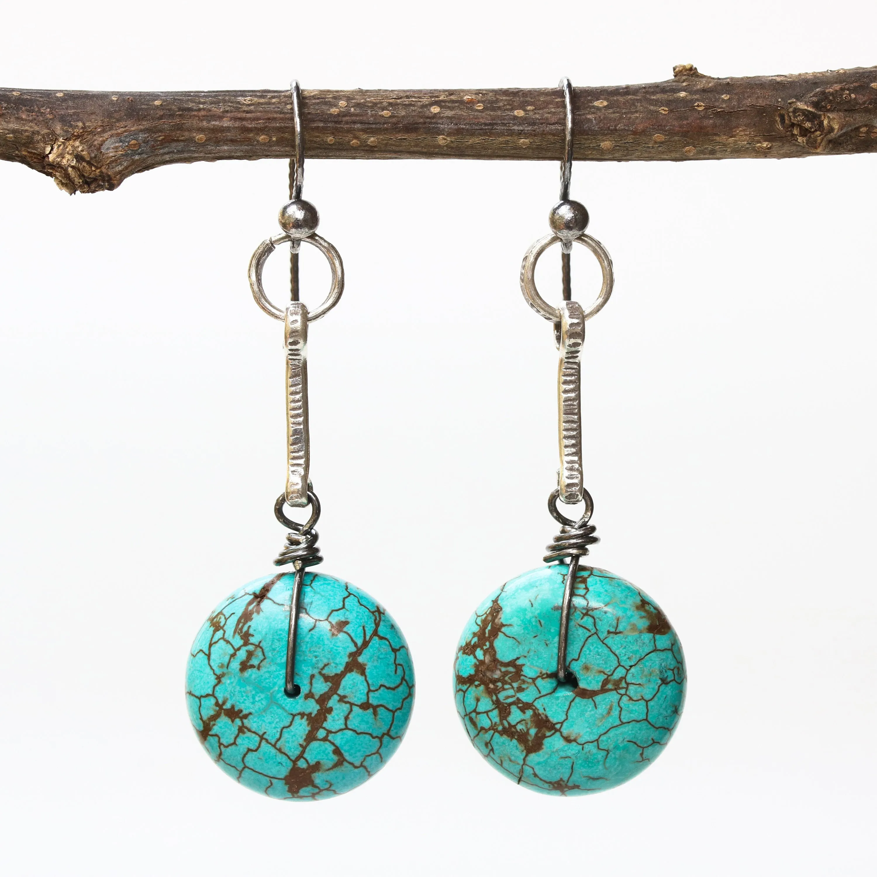 Round blue dyed howlite  earrings with oxidized silver bar on sterling silver hooks style