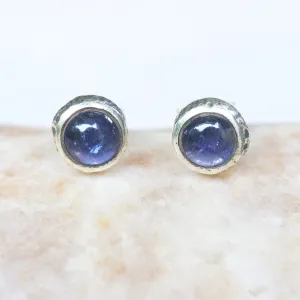 Round cabochon Iolite earrings in silver bezel setting with sterling silver post and backing