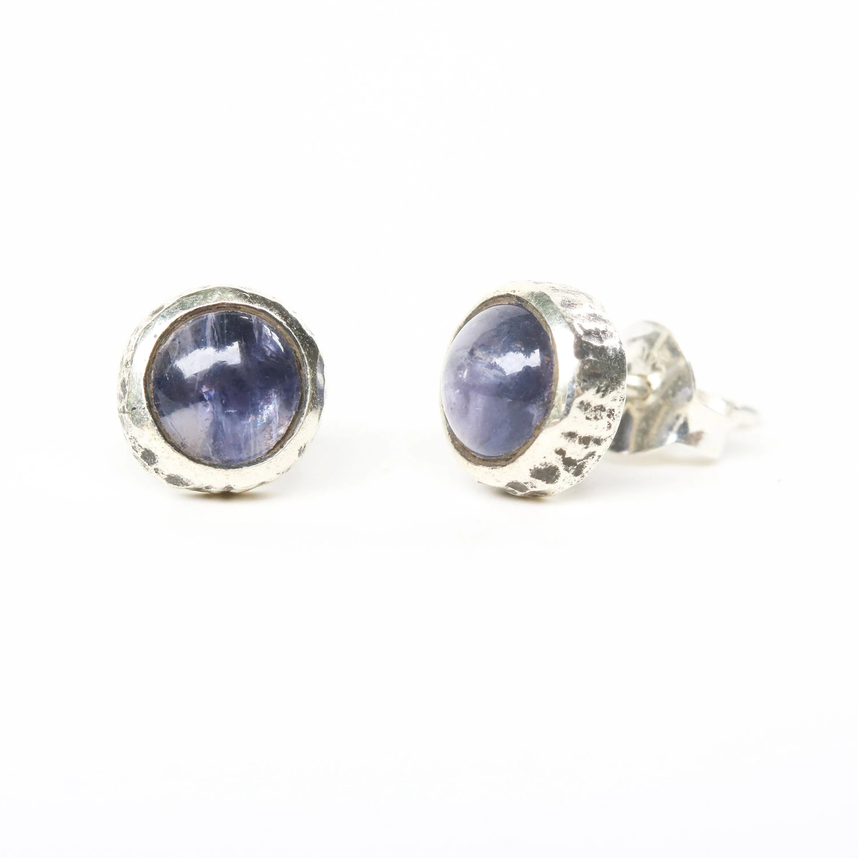Round cabochon Iolite earrings in silver bezel setting with sterling silver post and backing