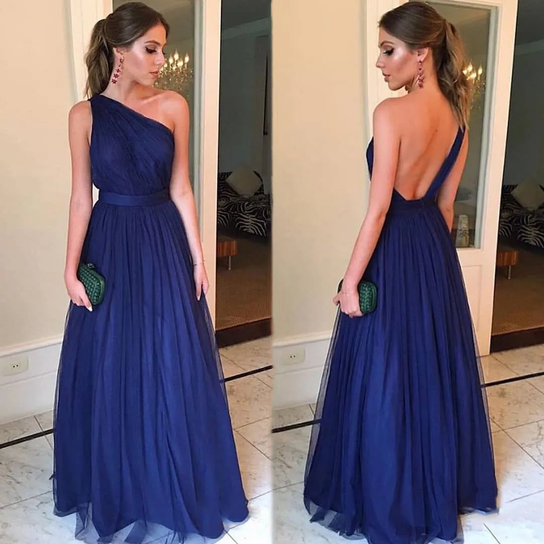 Roycebridal A line Sexy One Shoulder Blue Bridesmaid Dresses Open Back