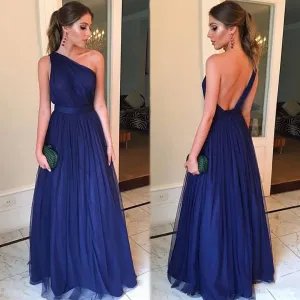 Roycebridal A line Sexy One Shoulder Blue Bridesmaid Dresses Open Back