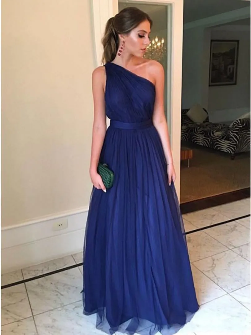 Roycebridal A line Sexy One Shoulder Blue Bridesmaid Dresses Open Back