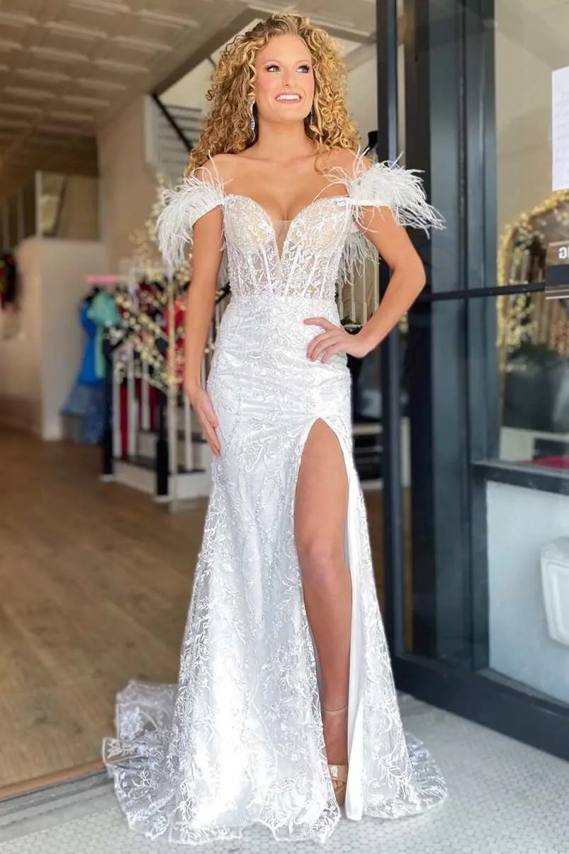 Roycebridal Paloma |Mermaid Feather Off the Shoulder Lace Prom Dress