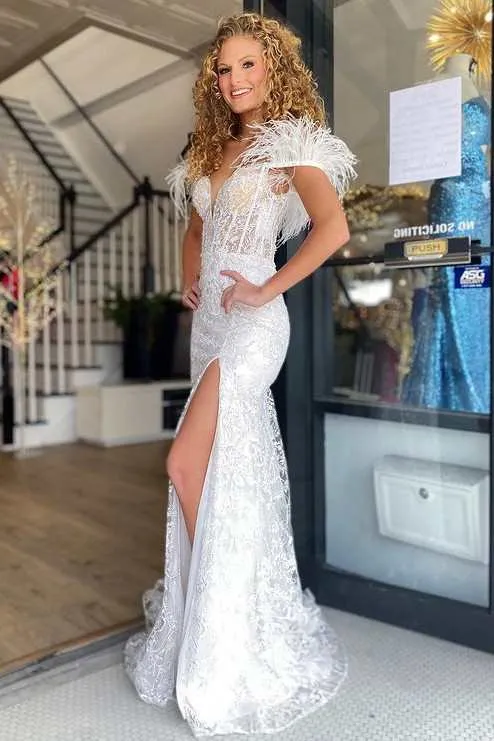 Roycebridal Paloma |Mermaid Feather Off the Shoulder Lace Prom Dress