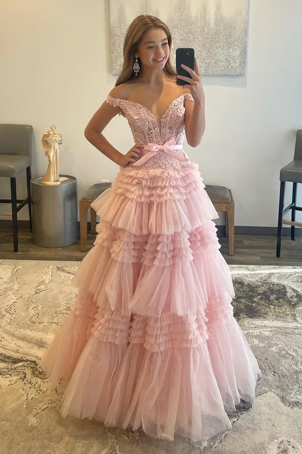 Roycebridal Princess A Line Off the Shoulder Light Pink Long Prom Dress with Ruffles