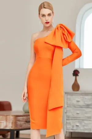 Ruffle Bow Long Sleeve off the Shoulder Bodycon Orange Midi Cocktail Dress