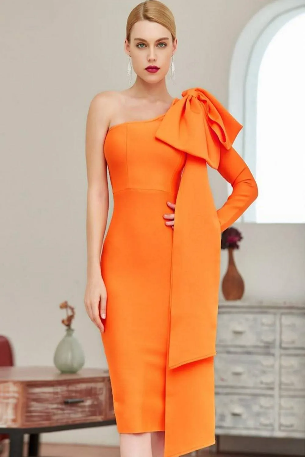 Ruffle Bow Long Sleeve off the Shoulder Bodycon Orange Midi Cocktail Dress