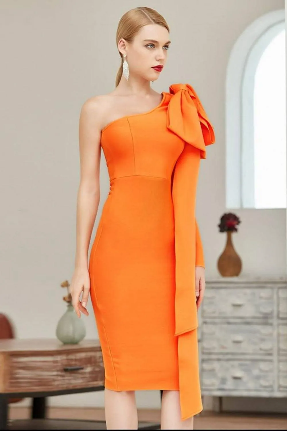 Ruffle Bow Long Sleeve off the Shoulder Bodycon Orange Midi Cocktail Dress
