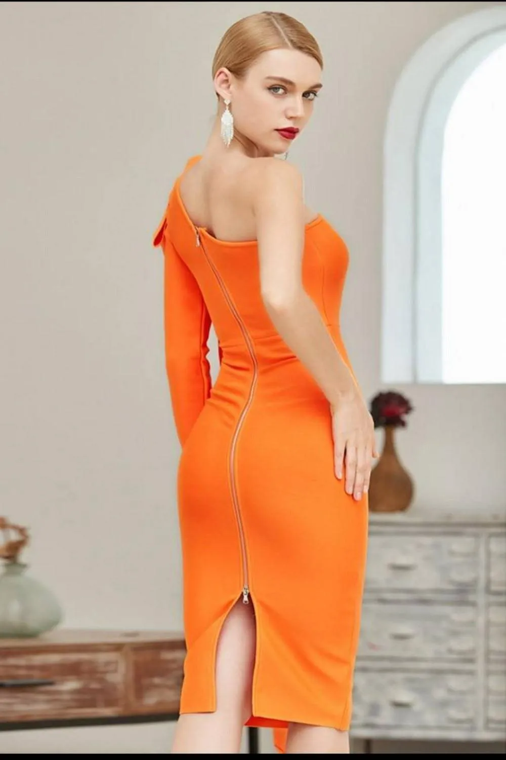 Ruffle Bow Long Sleeve off the Shoulder Bodycon Orange Midi Cocktail Dress