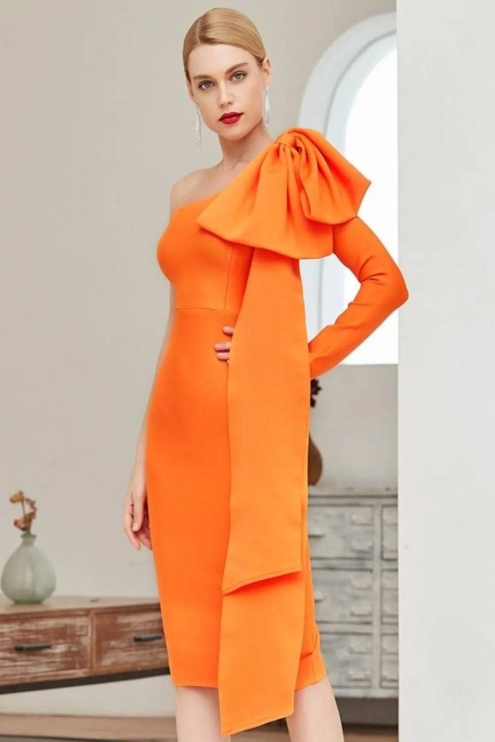 Ruffle Bow Long Sleeve off the Shoulder Bodycon Orange Midi Cocktail Dress