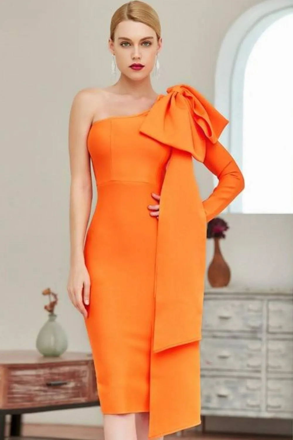 Ruffle Bow Long Sleeve off the Shoulder Bodycon Orange Midi Cocktail Dress