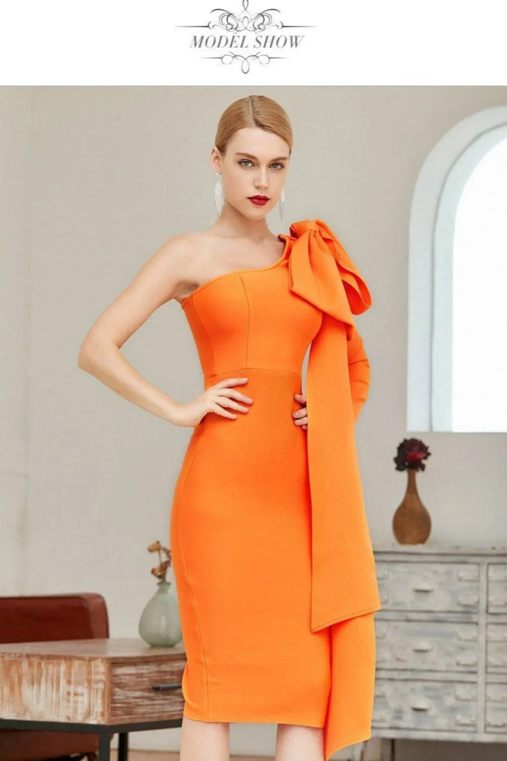 Ruffle Bow Long Sleeve off the Shoulder Bodycon Orange Midi Cocktail Dress
