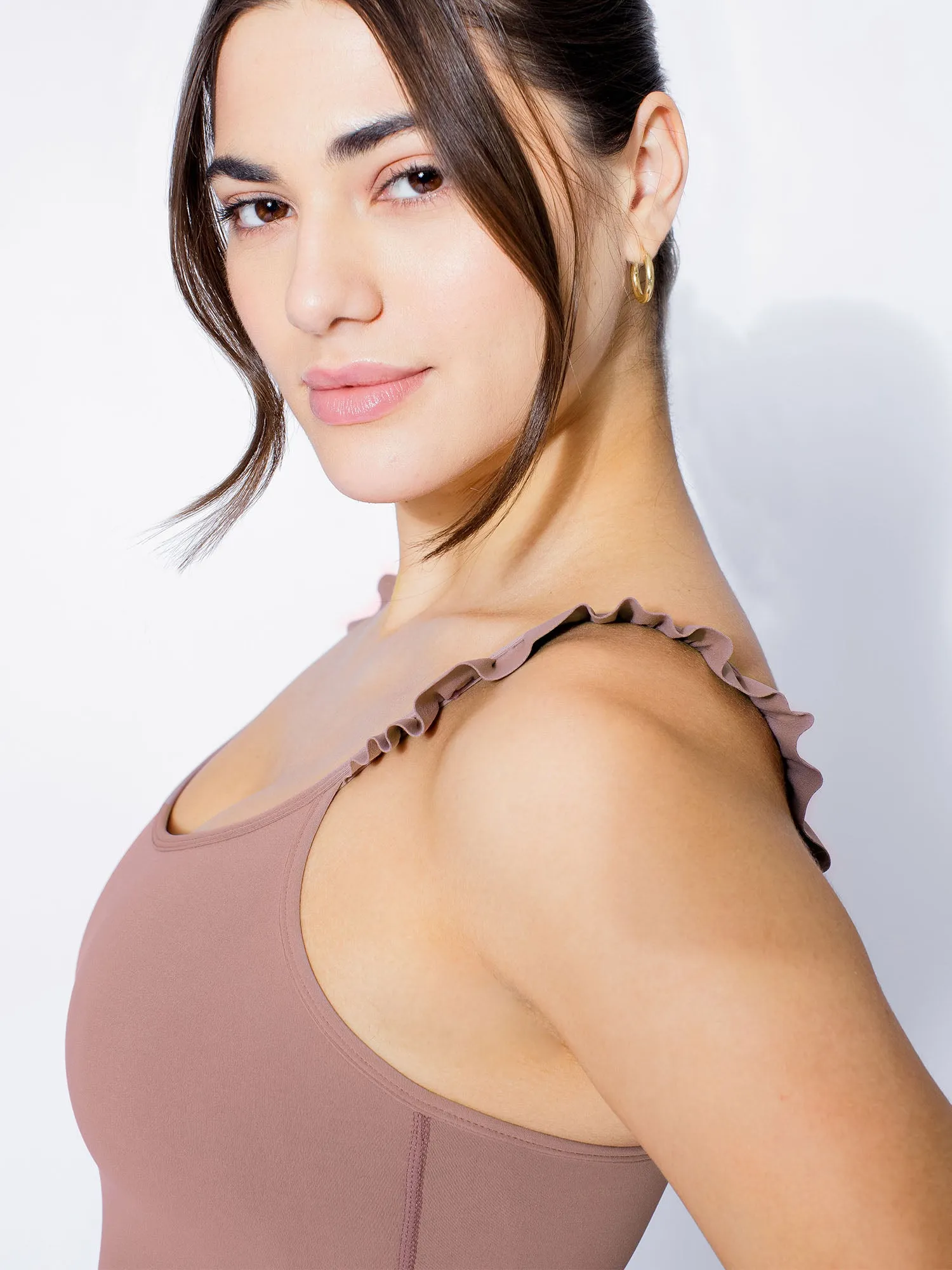 RUFFLED SIMPLICITY TANK, ASH MAUVE