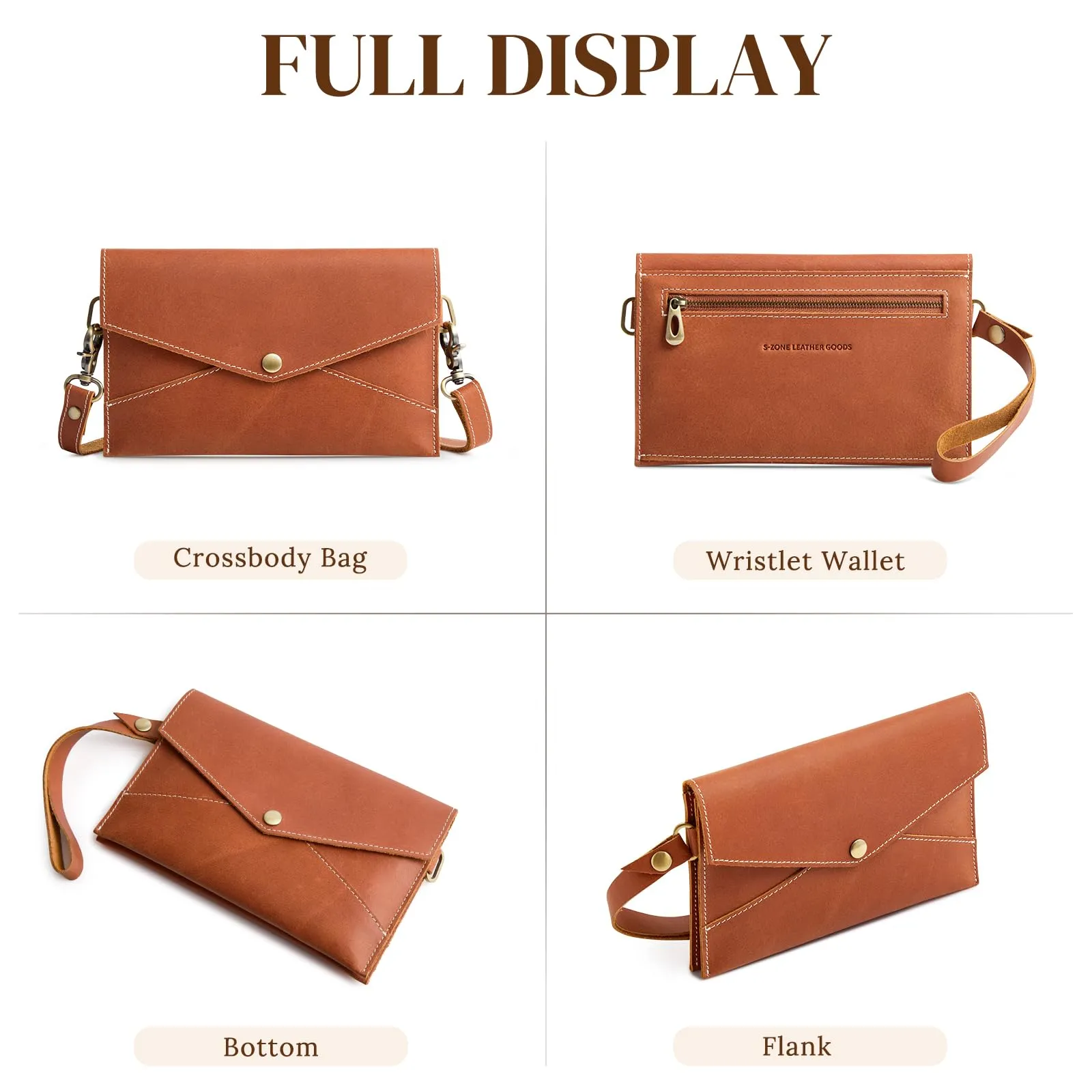 S-ZONE Leather Envelope Convertible Crossbody Bags for Women Wristlet Clutch Purses Small Shoulder Handbag with 2 straps