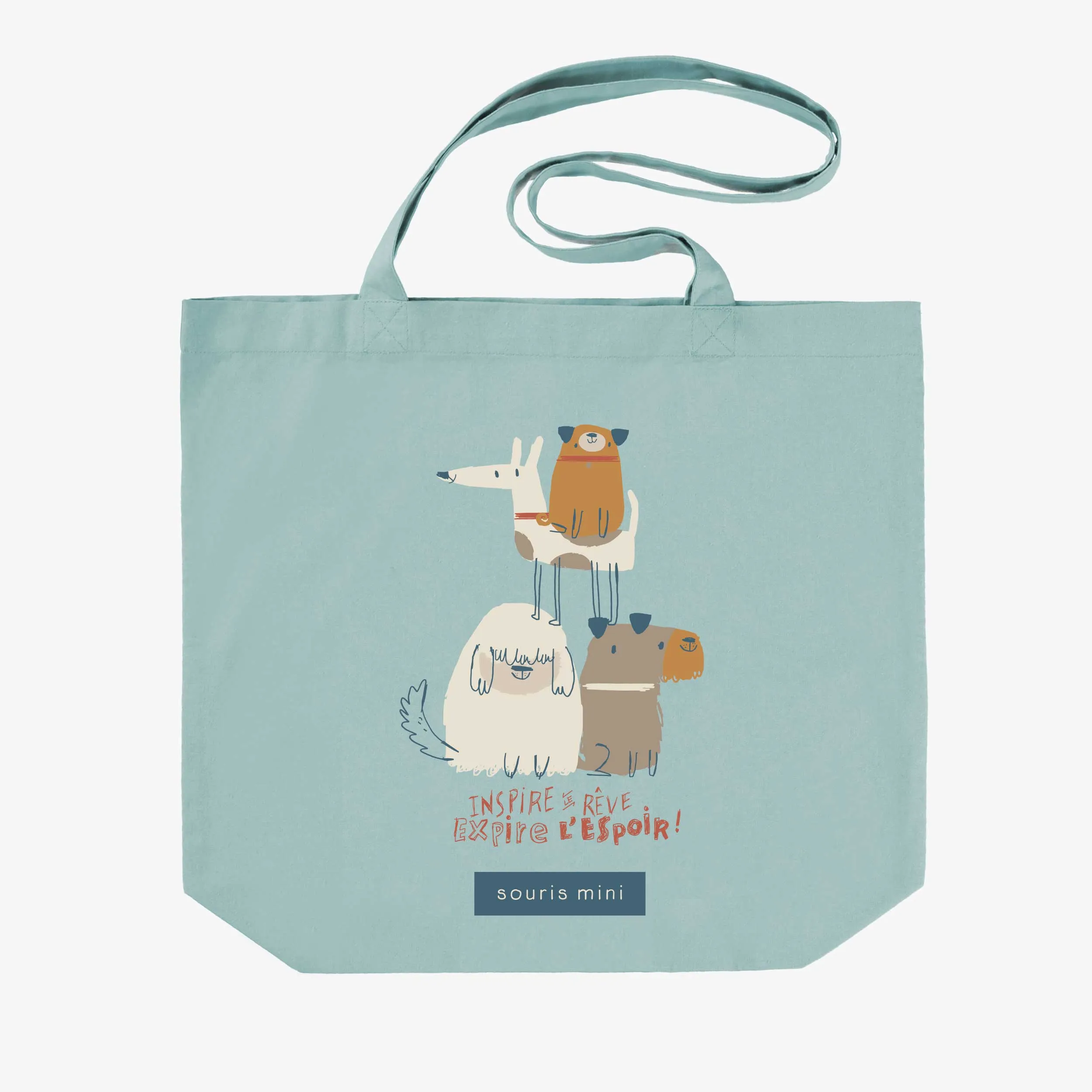 Sac réutilisable bleu avec illustration au profit de la fibrose kystique || Blue reusable bag with illustration in support of cystic fibrosis