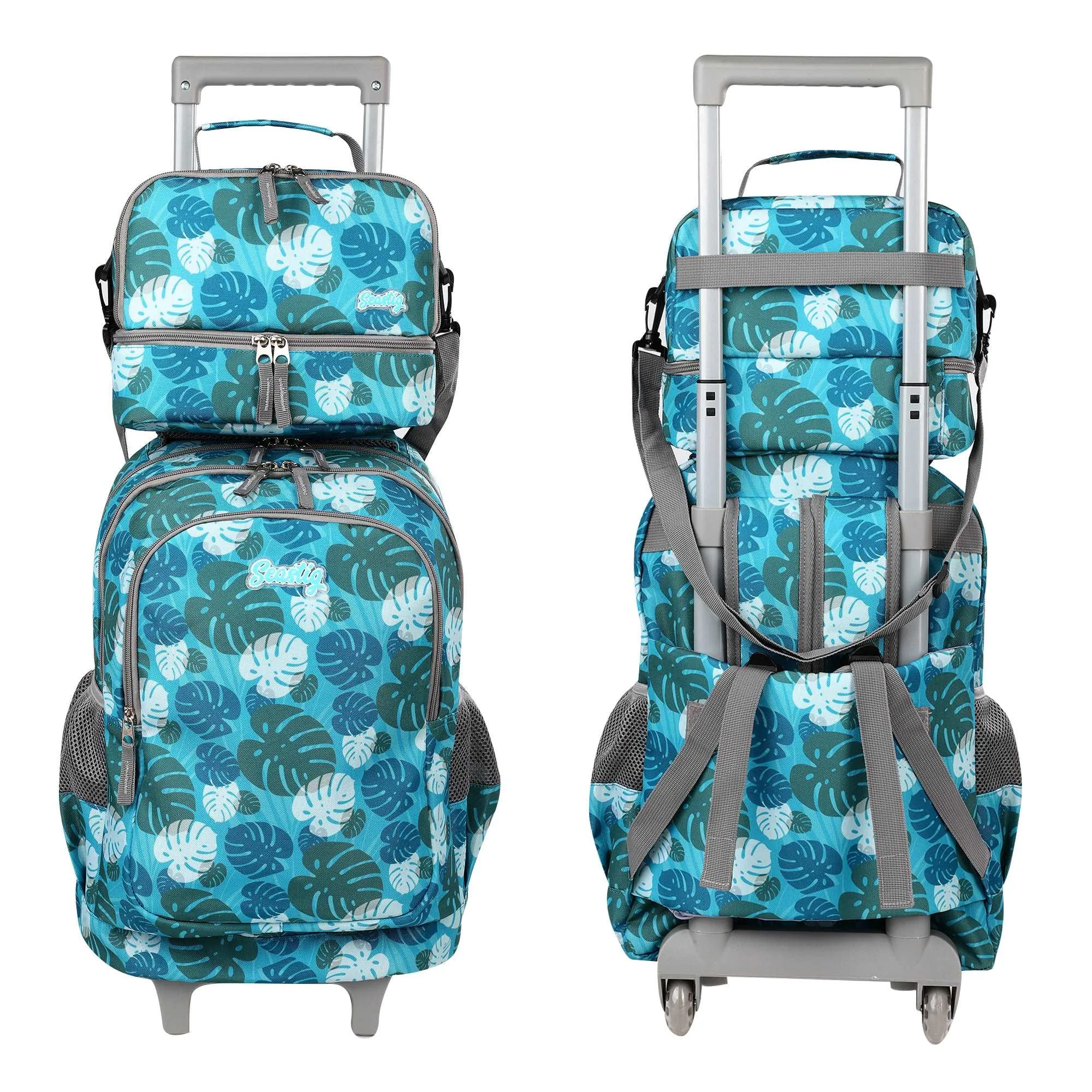 seastig Green Leaves Rolling Backpack Girls 18 inch with Wheels for School or Travel Use