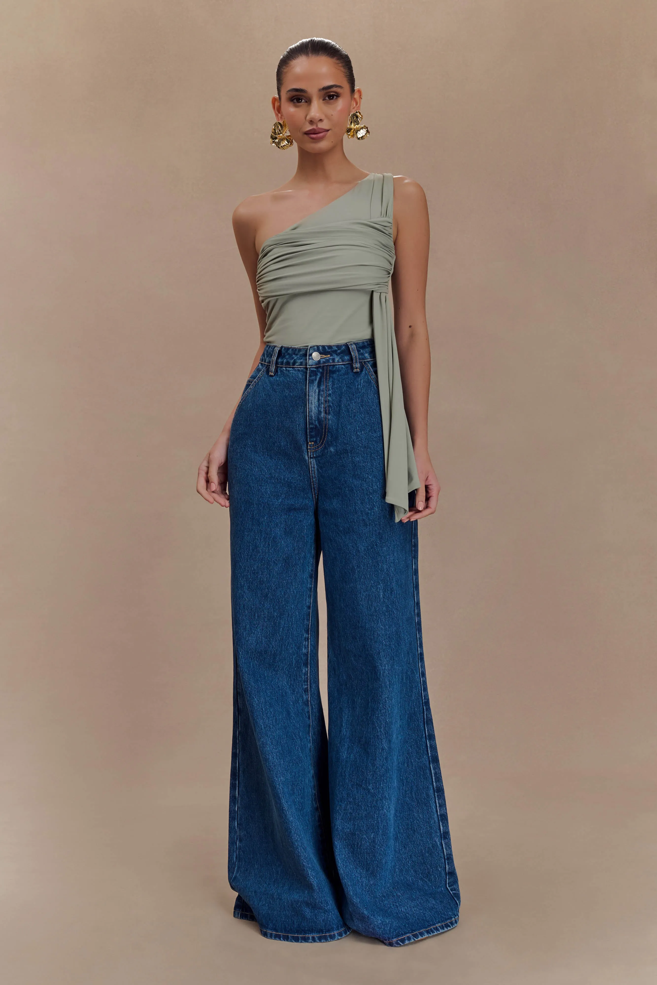 Sera One Shoulder Recycled Nylon Top With Drape - Basil