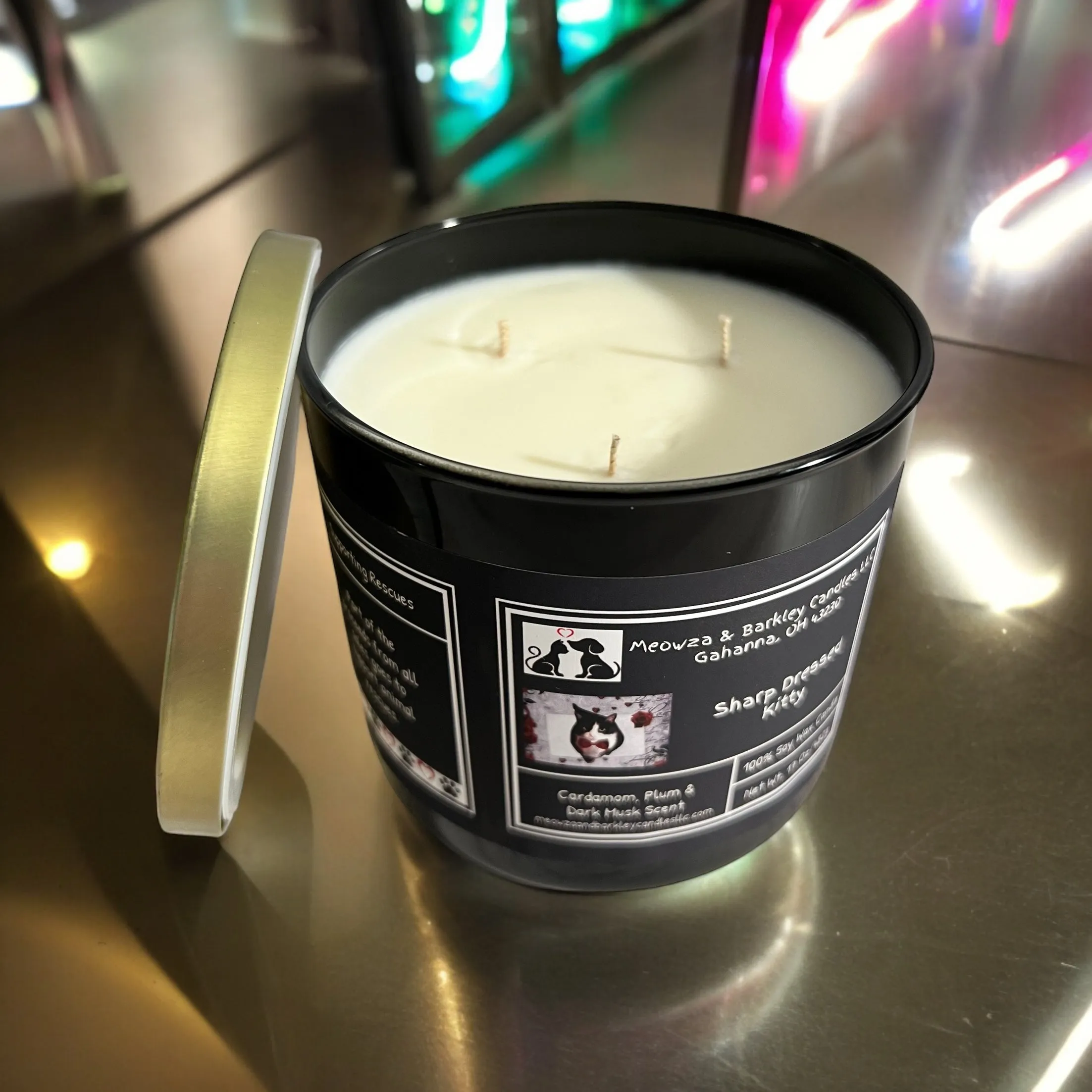 Sharp Dressed Kitty Candle, U.S. Handmade Masculine Scented Soy Candle, Clean Burn, Cardamom, Plum and Dark Musk Scent, Gift for Friend Mom Dad Co-Worker Sister