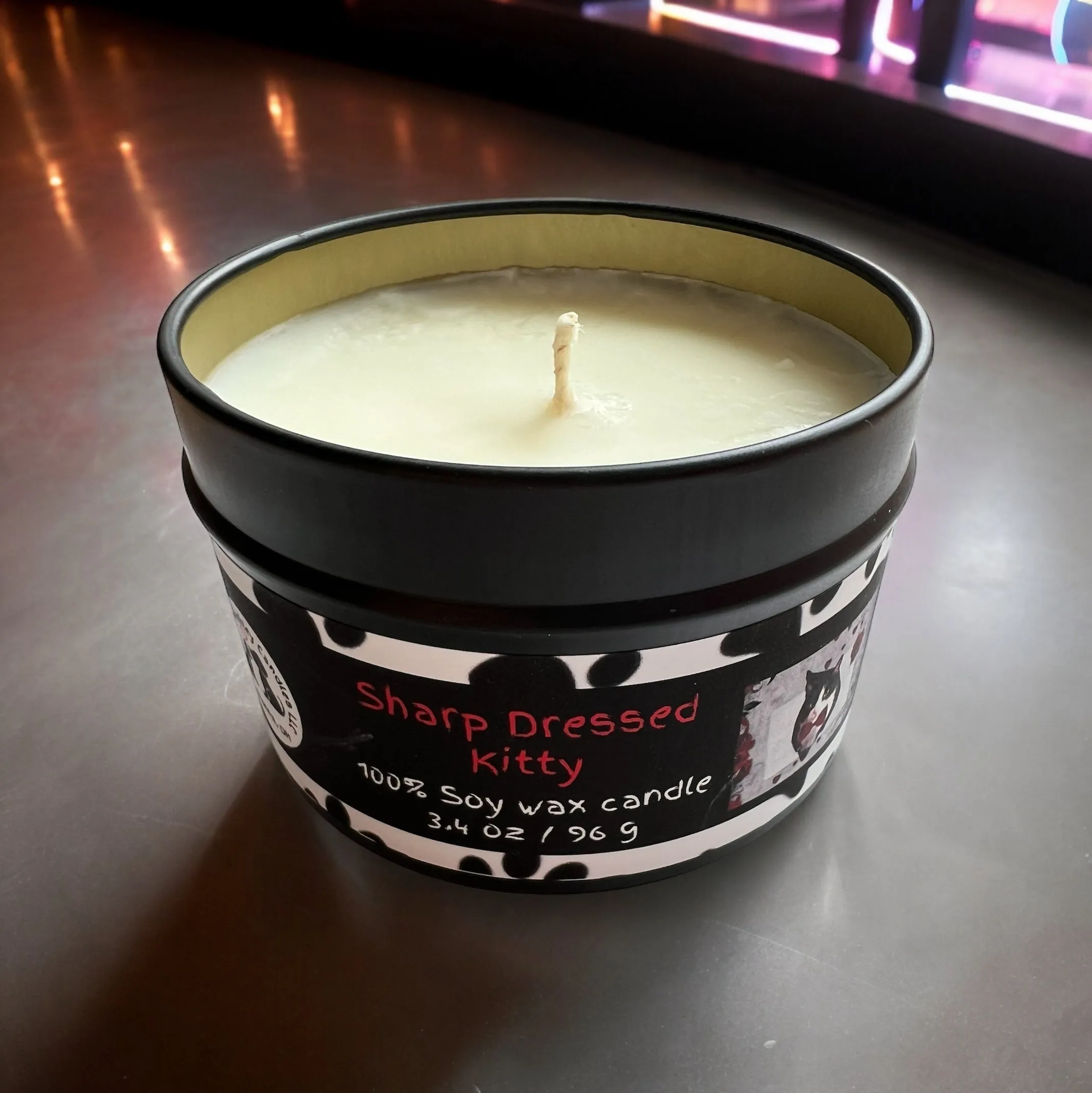 Sharp Dressed Kitty Candle, U.S. Handmade Masculine Scented Soy Candle, Clean Burn, Cardamom, Plum and Dark Musk Scent, Gift for Friend Mom Dad Co-Worker Sister