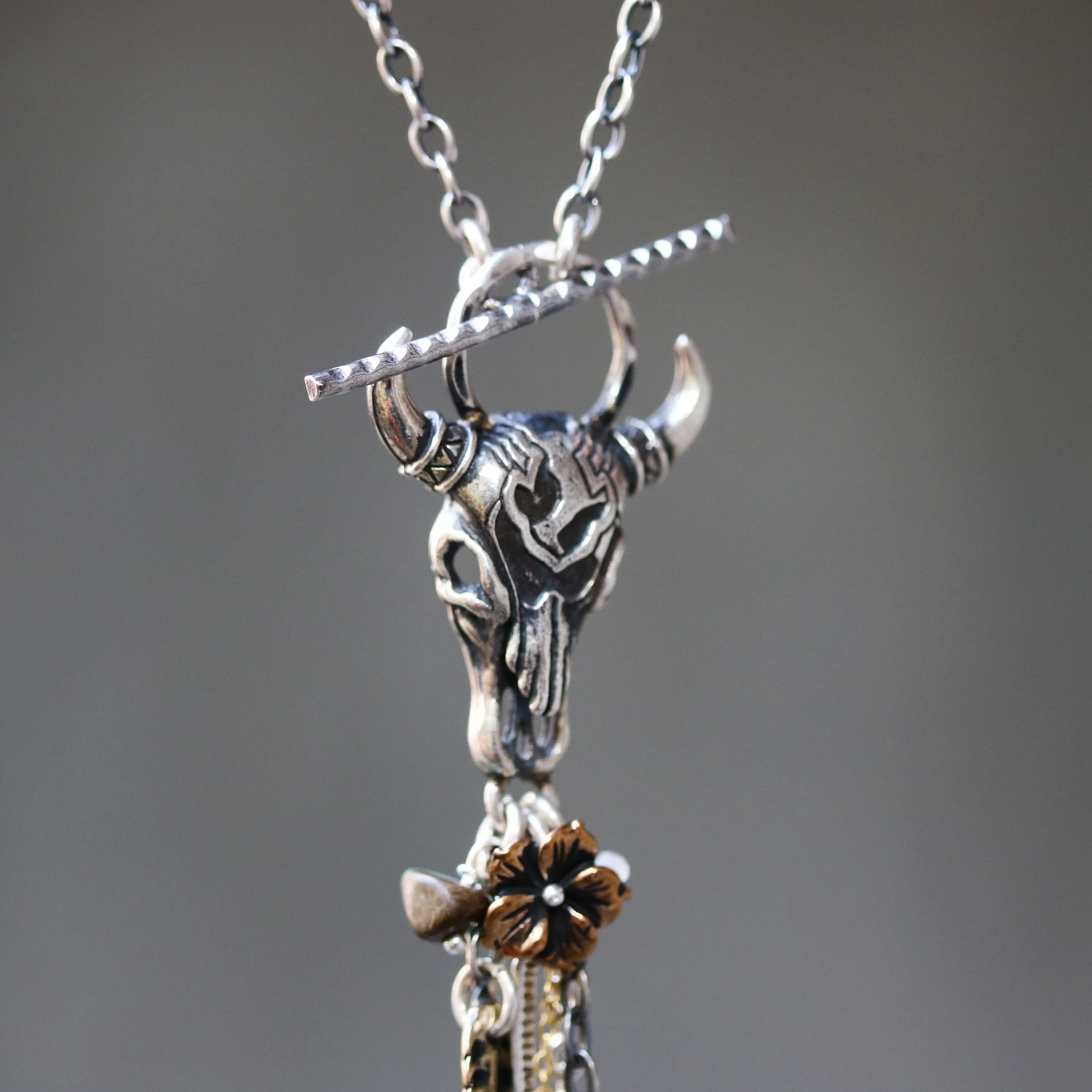 Silver Buffalo shape pendant necklace and turquoise gemstone set with mix gemstone beads secondary on oxidized sterling silver chain