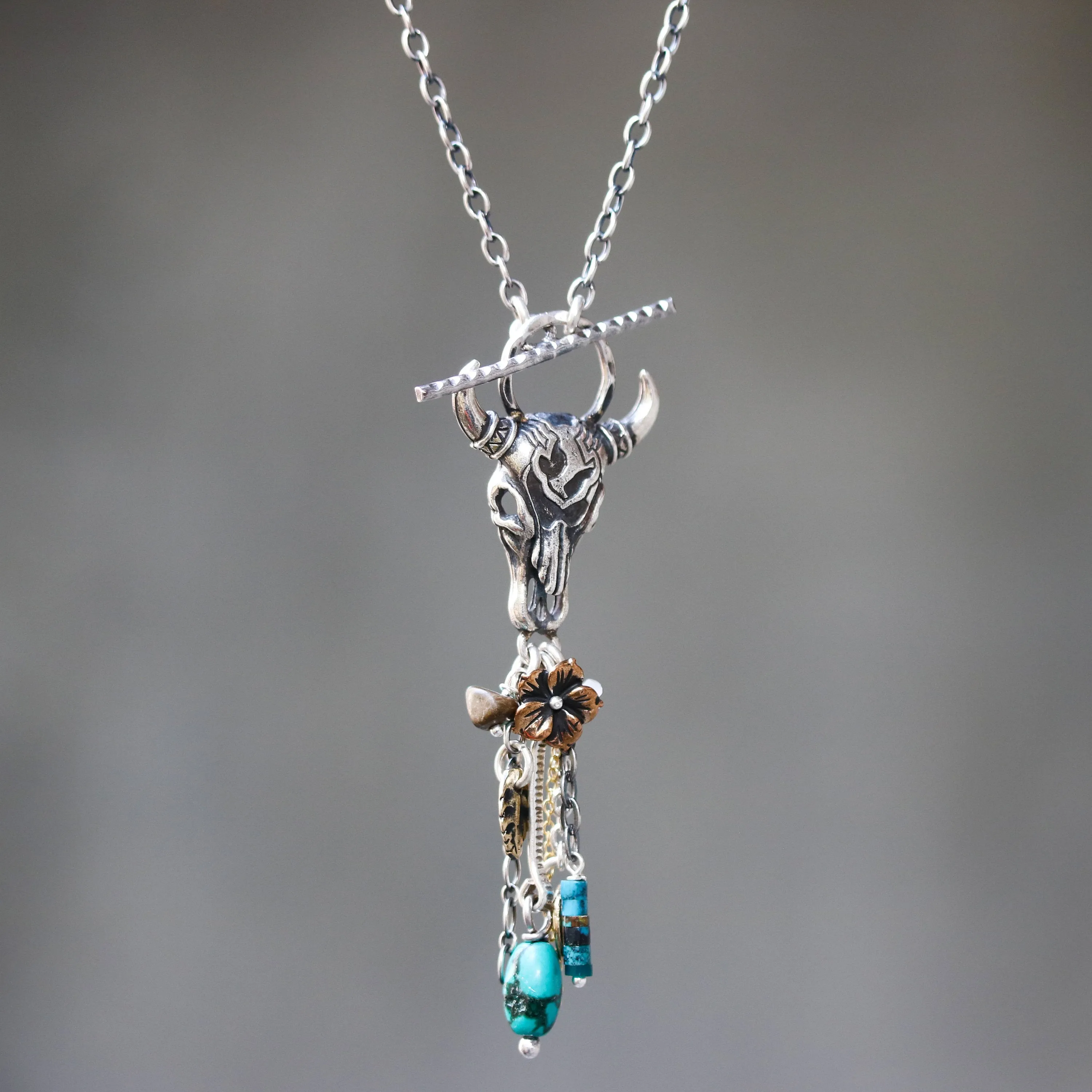 Silver Buffalo shape pendant necklace and turquoise gemstone set with mix gemstone beads secondary on oxidized sterling silver chain