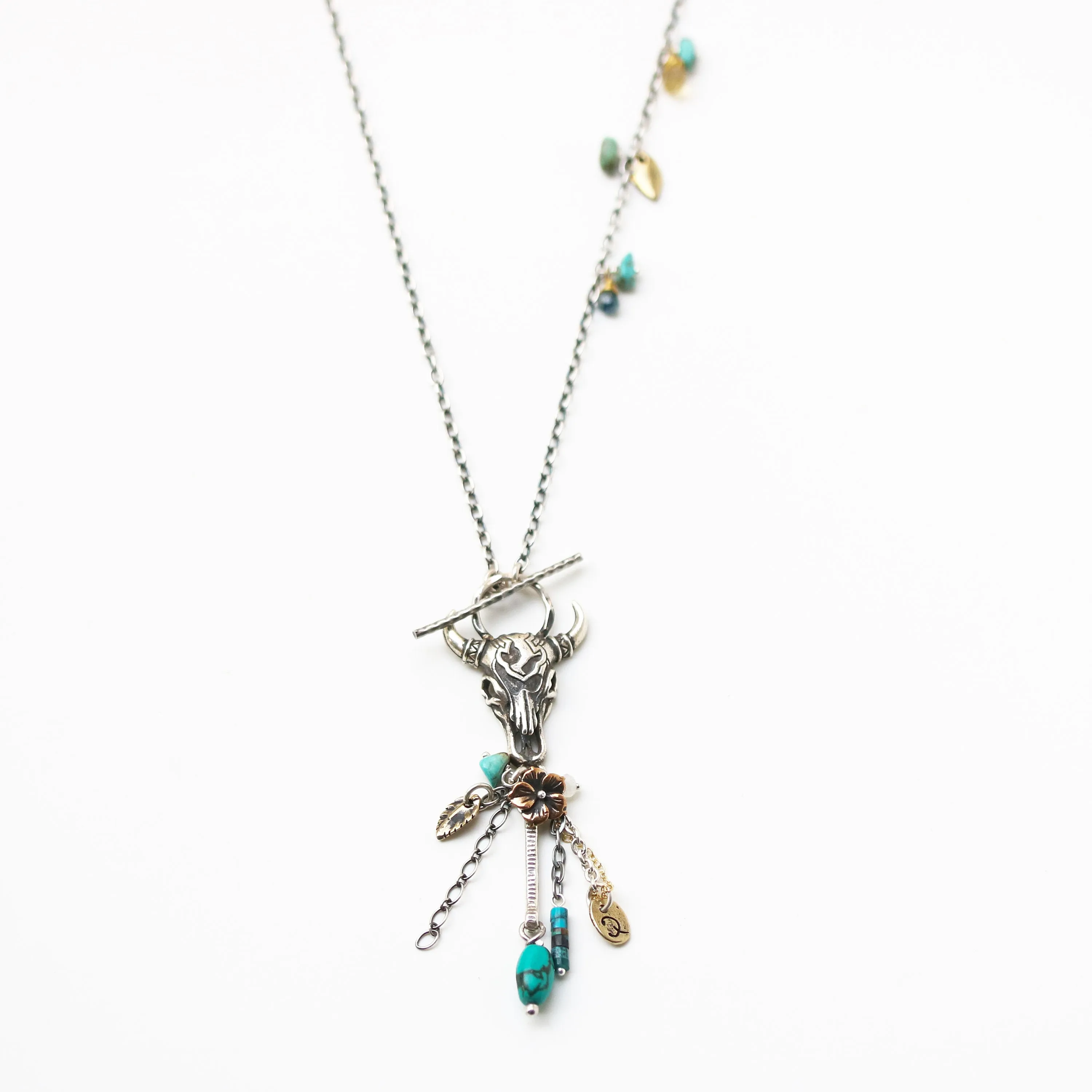 Silver Buffalo shape pendant necklace and turquoise gemstone set with mix gemstone beads secondary on oxidized sterling silver chain