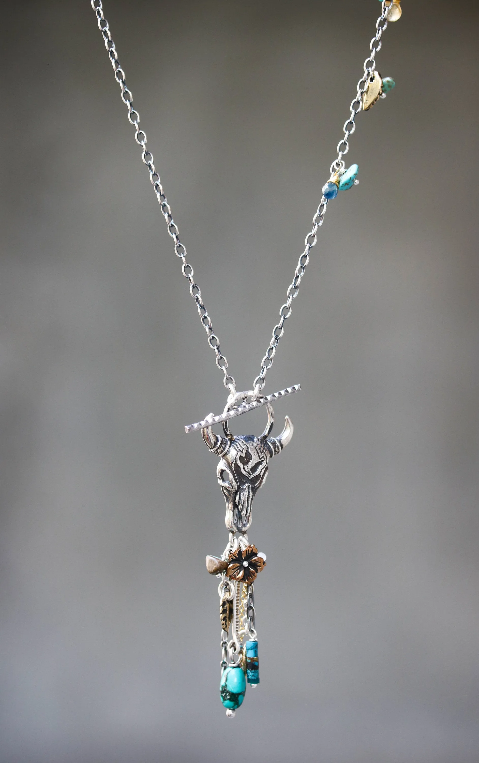 Silver Buffalo shape pendant necklace and turquoise gemstone set with mix gemstone beads secondary on oxidized sterling silver chain