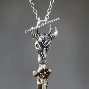 Silver Buffalo shape pendant necklace and turquoise gemstone set with mix gemstone beads secondary on oxidized sterling silver chain
