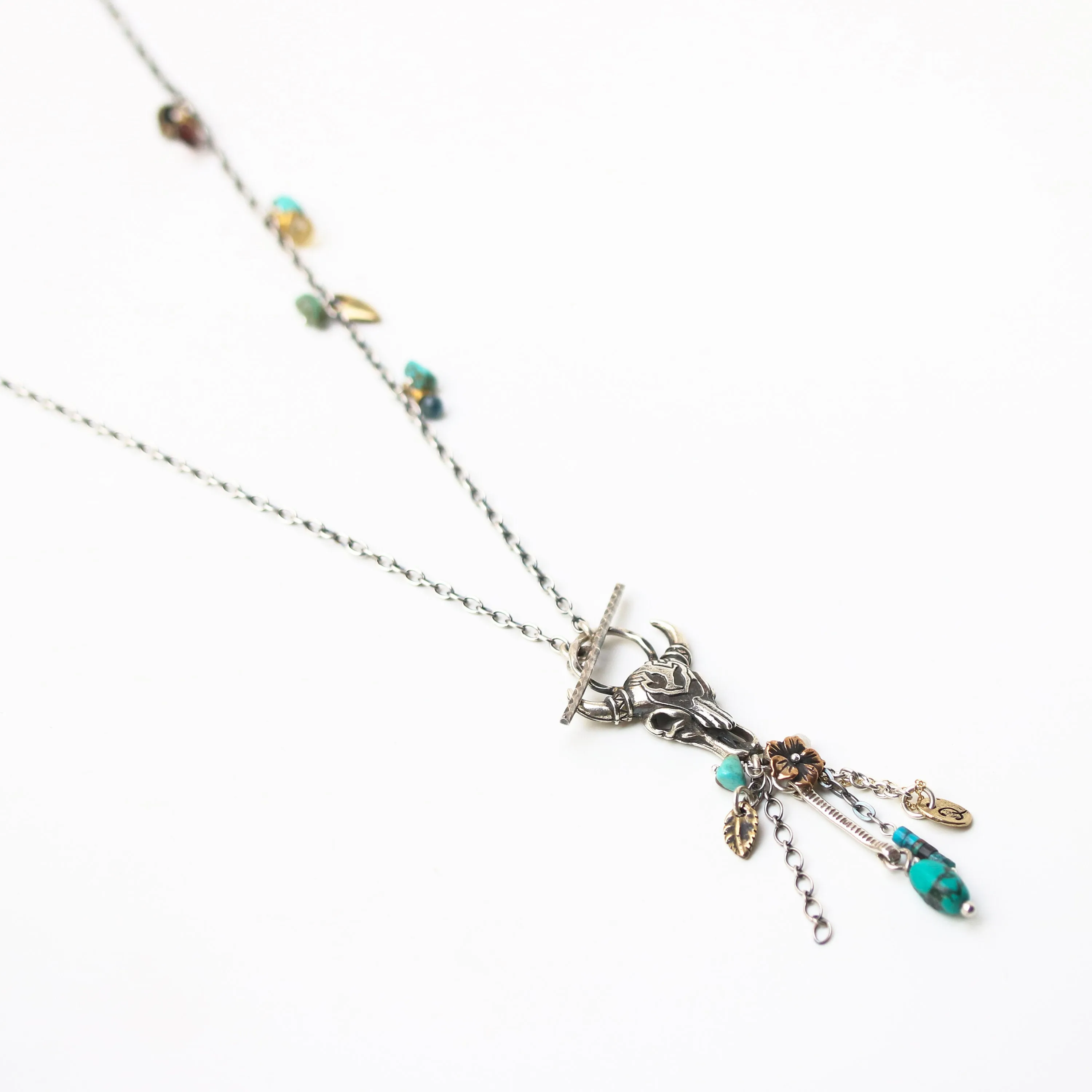 Silver Buffalo shape pendant necklace and turquoise gemstone set with mix gemstone beads secondary on oxidized sterling silver chain