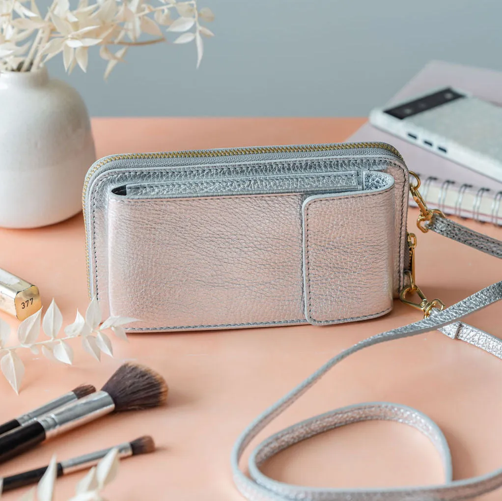 Silver Leather Purse / Phone Crossbody