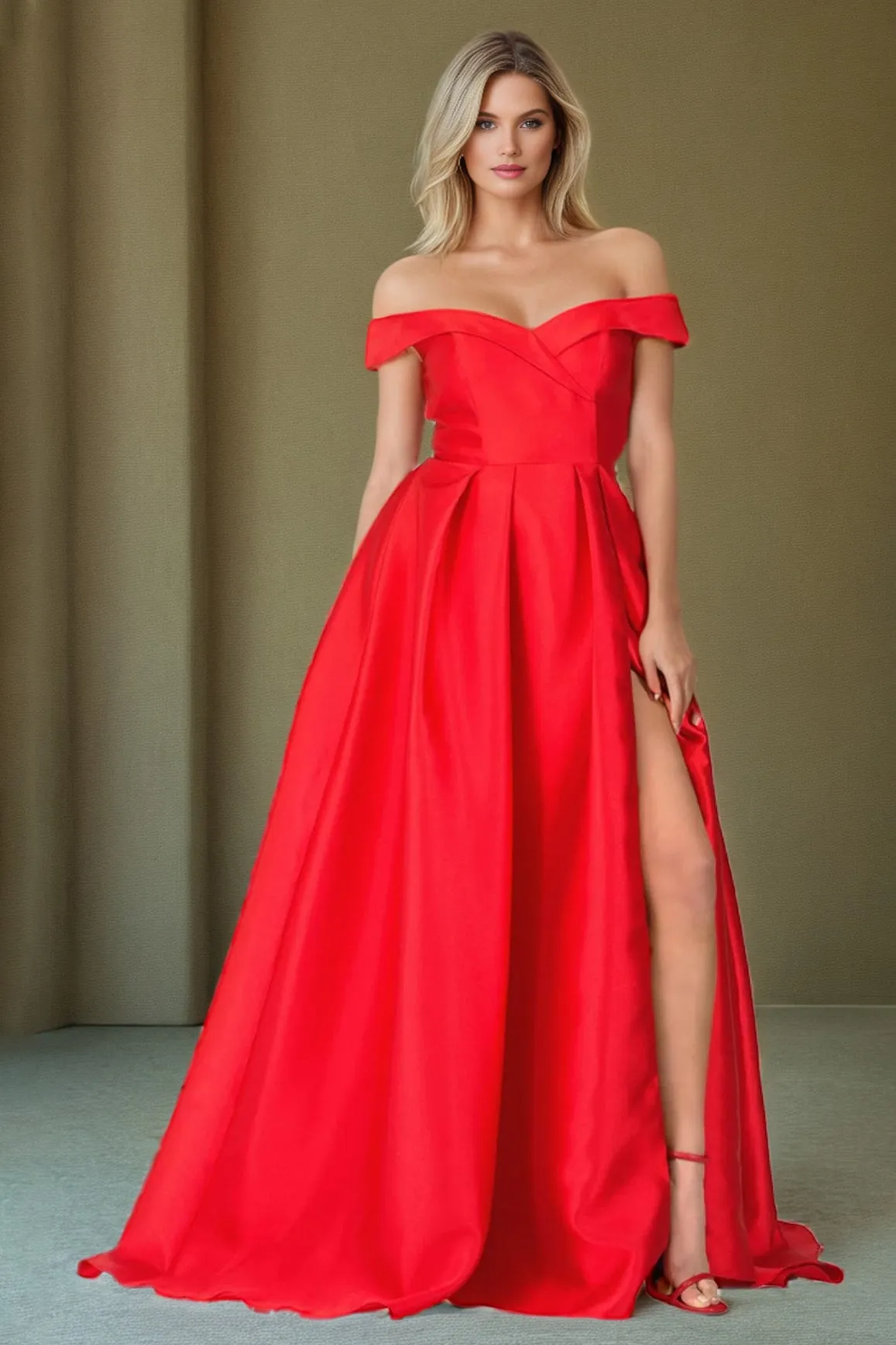 Simple Split Off The Shoulder Floor Length Satin Prom Dress