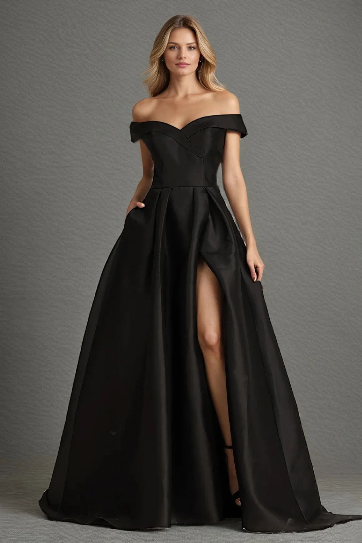 Simple Split Off The Shoulder Floor Length Satin Prom Dress