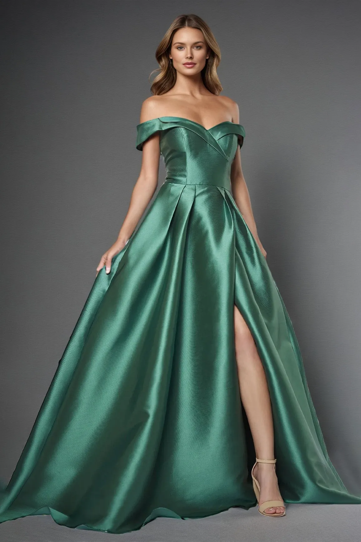Simple Split Off The Shoulder Floor Length Satin Prom Dress