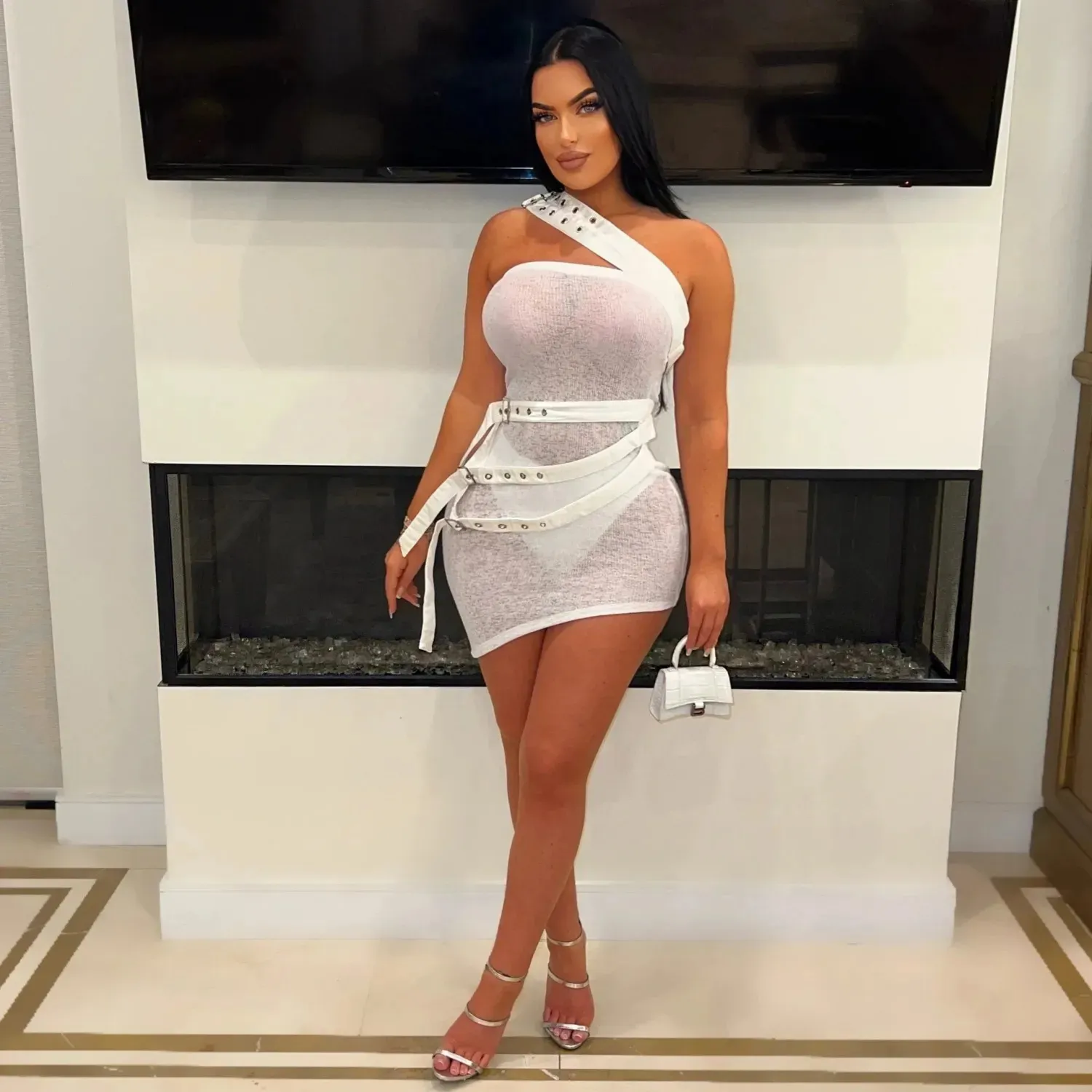 Slanted shoulder see through dress