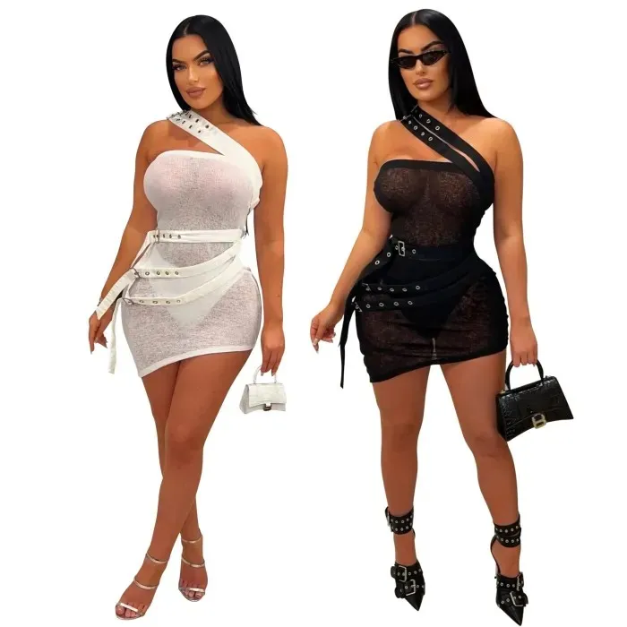 Slanted shoulder see through dress