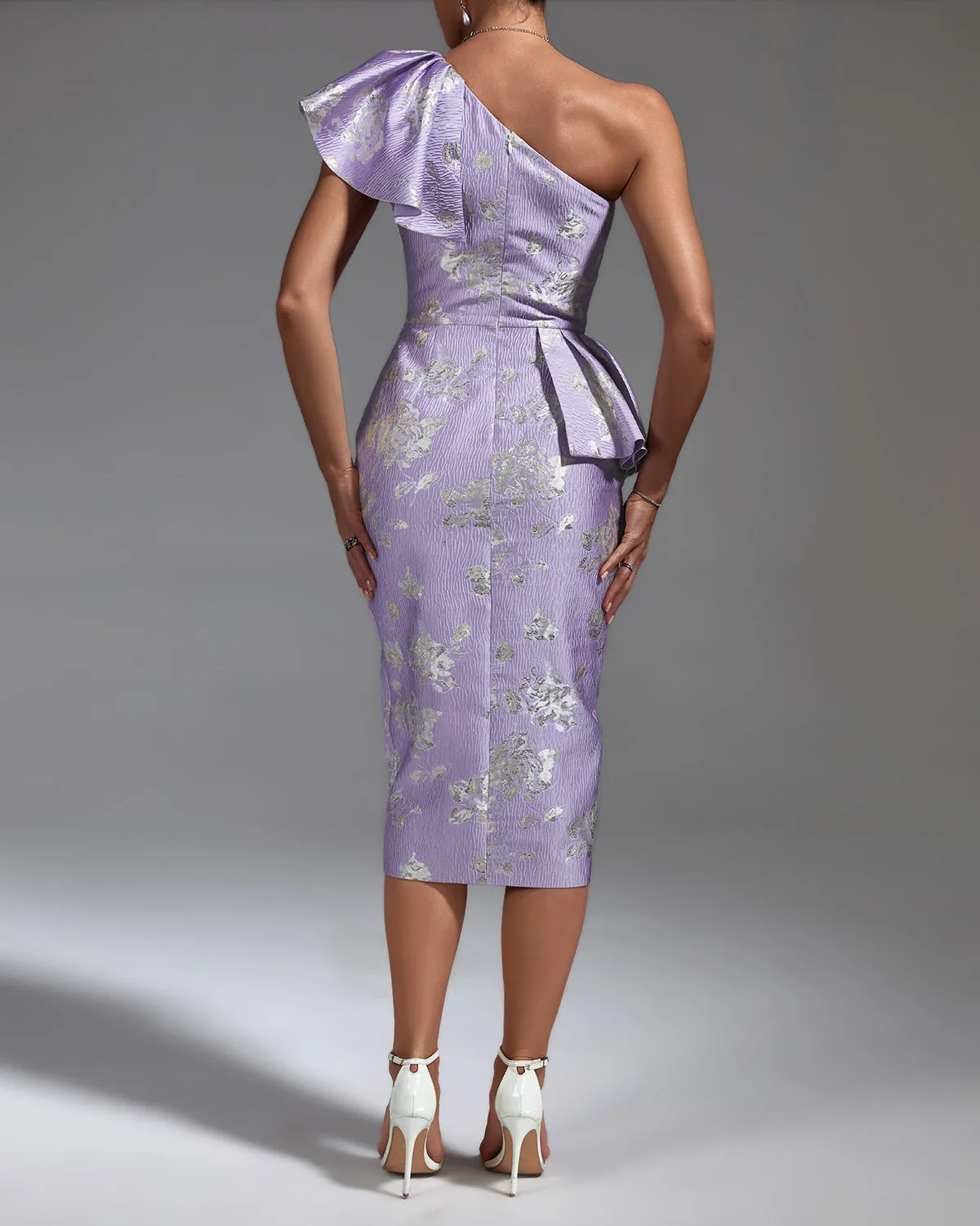 Slanted Shoulder Slit Midi Bodycon Dress