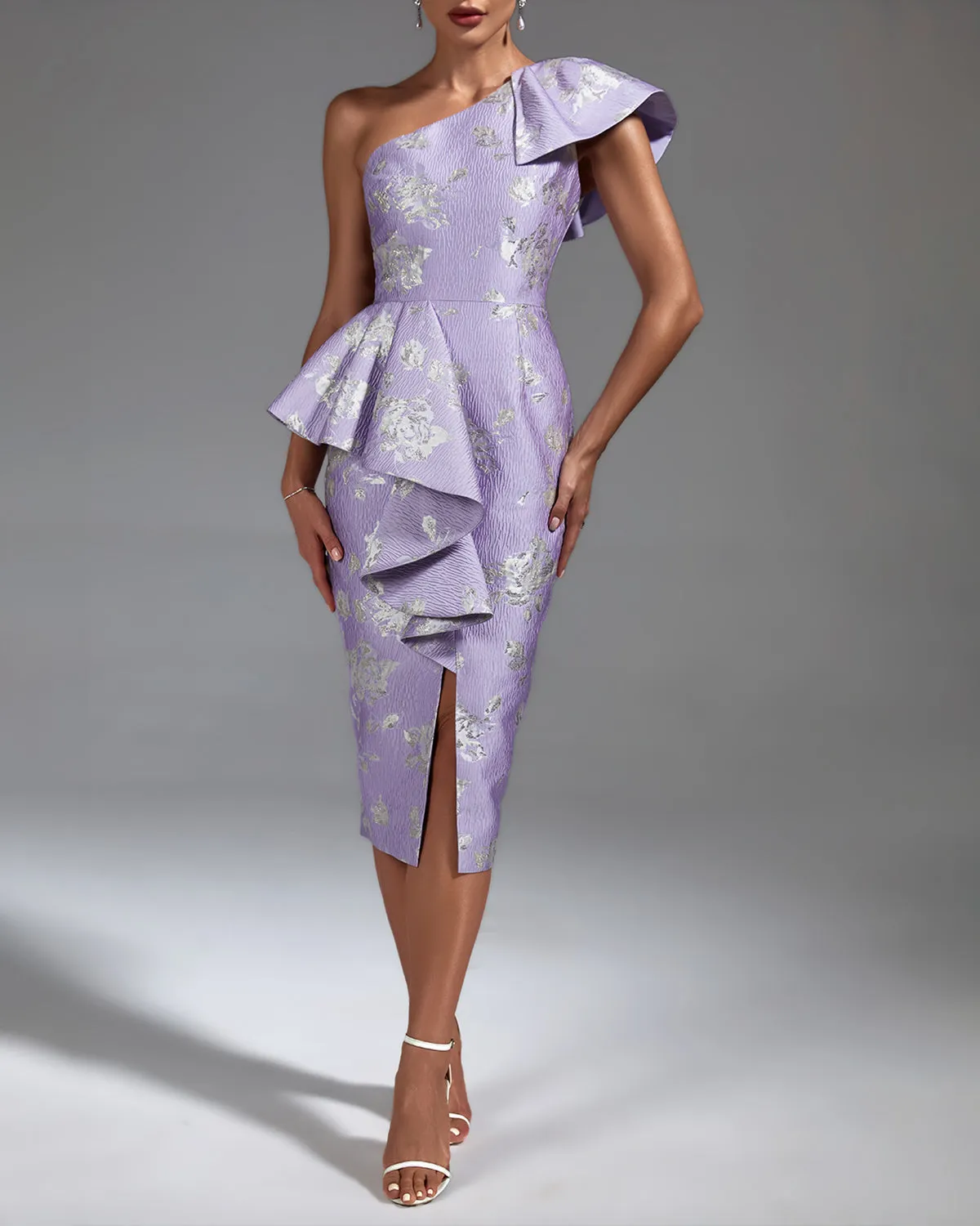 Slanted Shoulder Slit Midi Bodycon Dress
