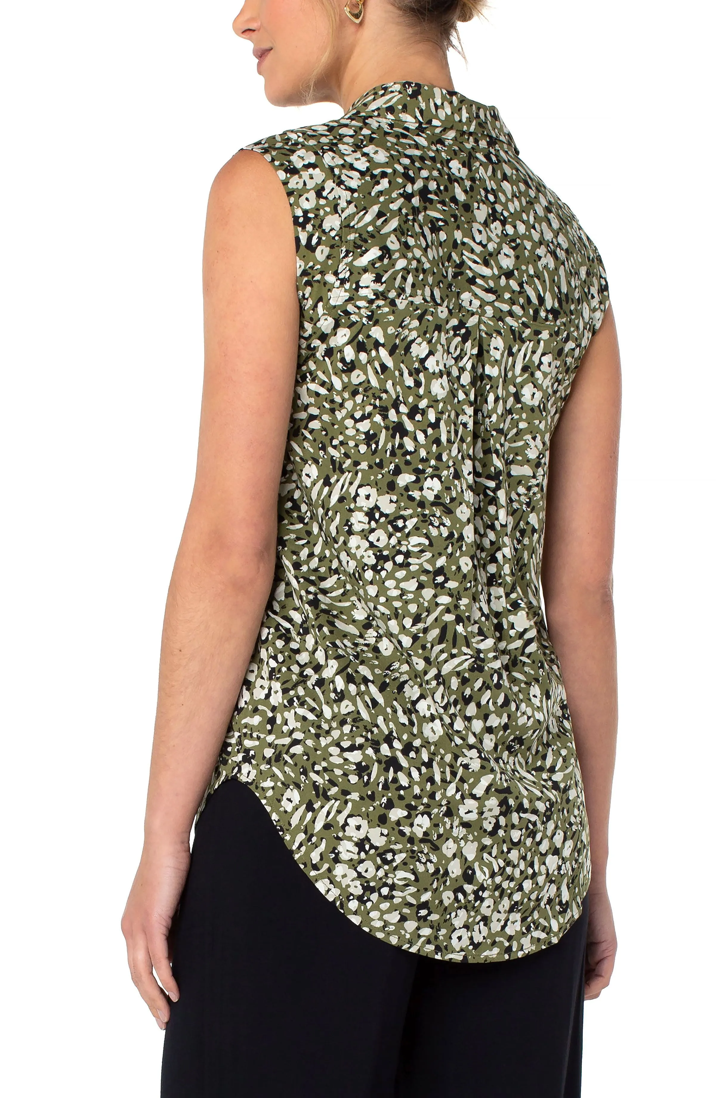 Sleeveless Button Front Shirt W/ Inverted Placket