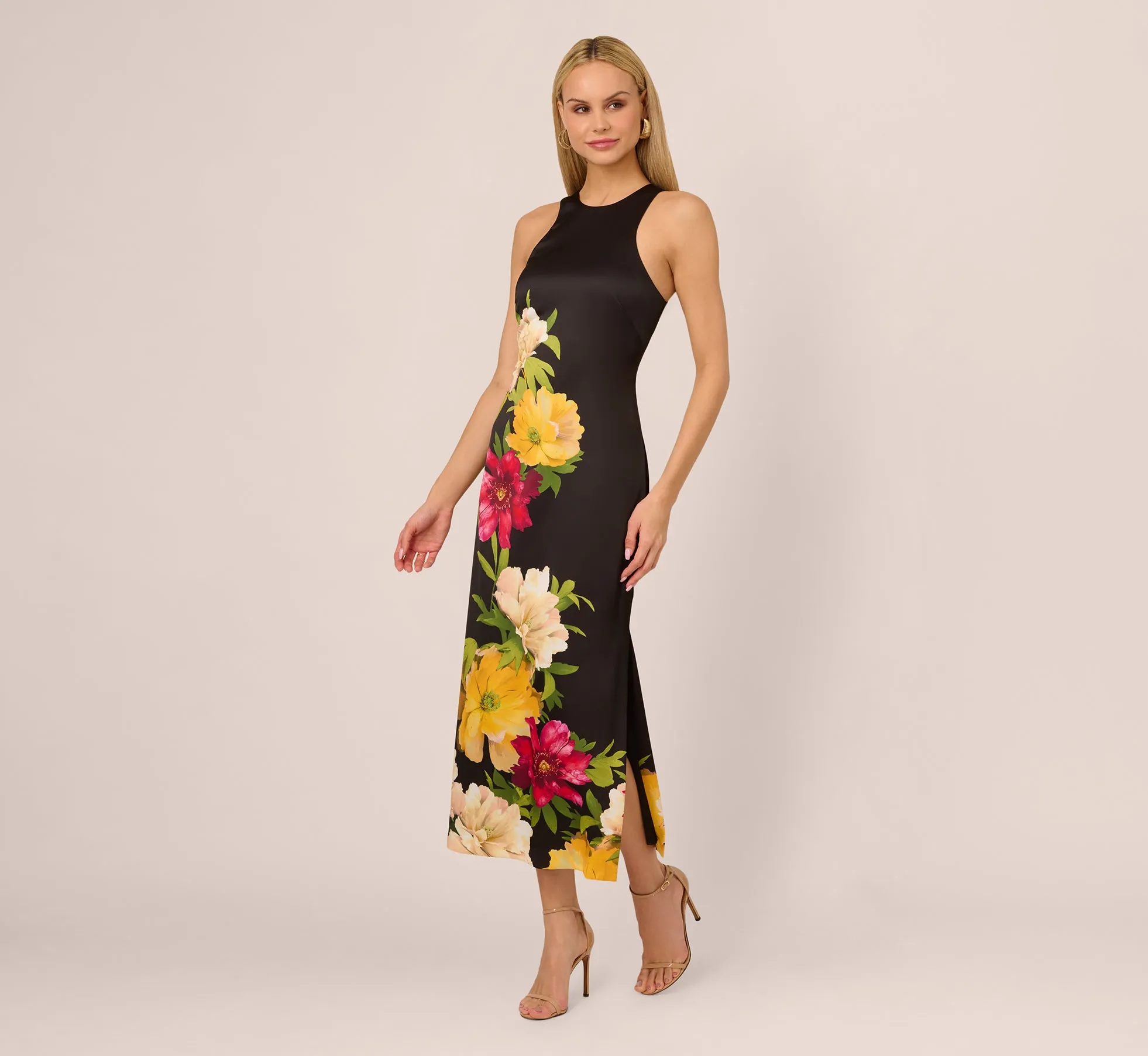 Sleeveless Floral Printed Satin Midi Dress In Black Multi