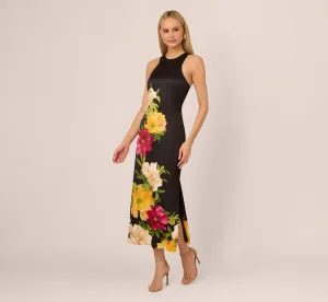 Sleeveless Floral Printed Satin Midi Dress In Black Multi