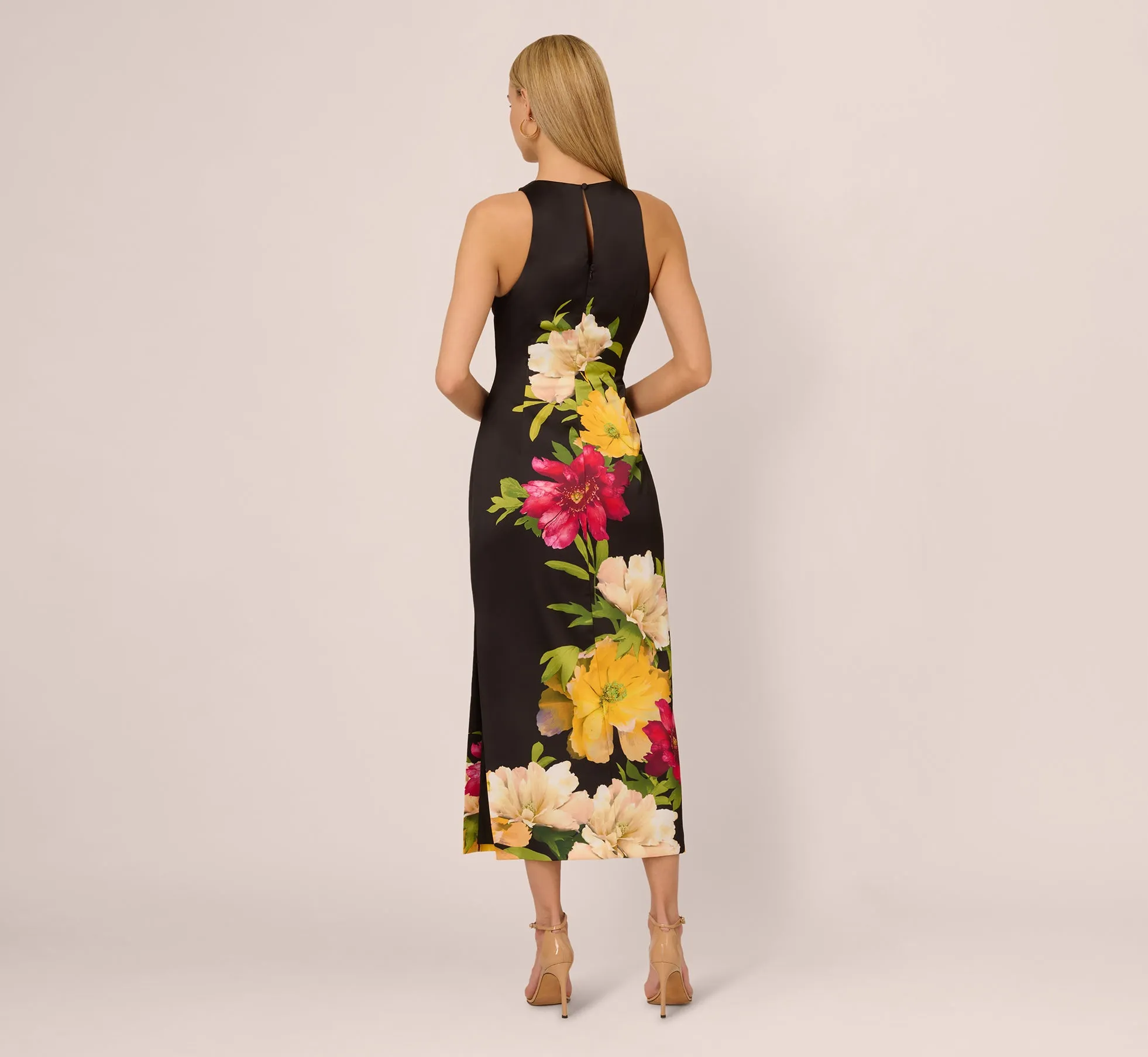 Sleeveless Floral Printed Satin Midi Dress In Black Multi