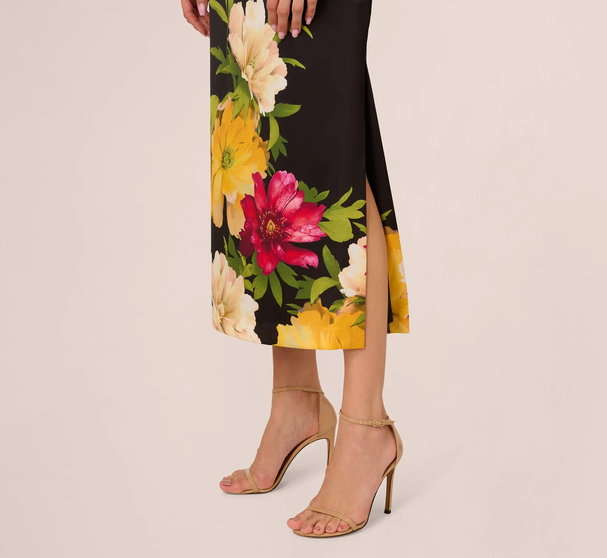 Sleeveless Floral Printed Satin Midi Dress In Black Multi