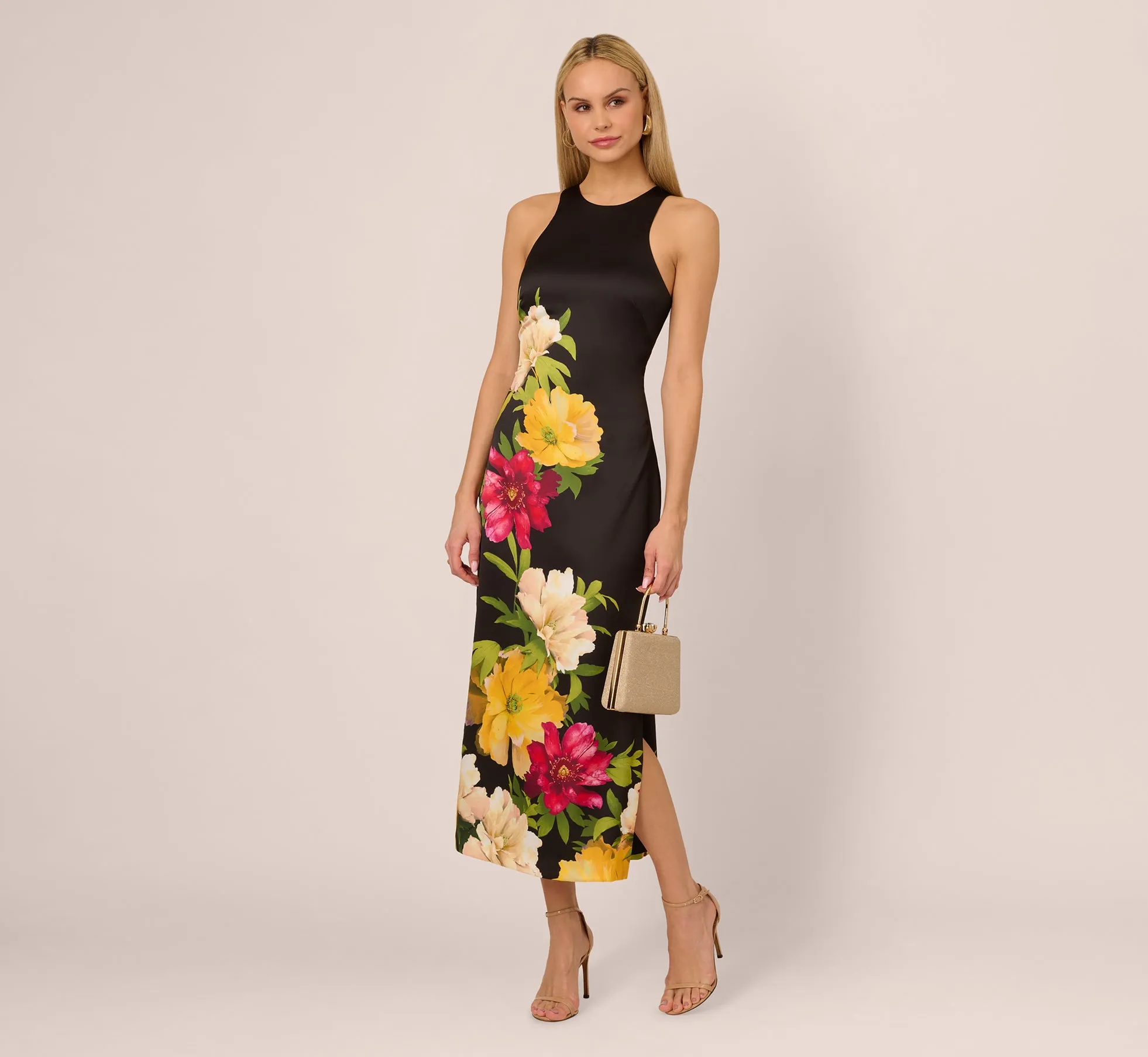 Sleeveless Floral Printed Satin Midi Dress In Black Multi