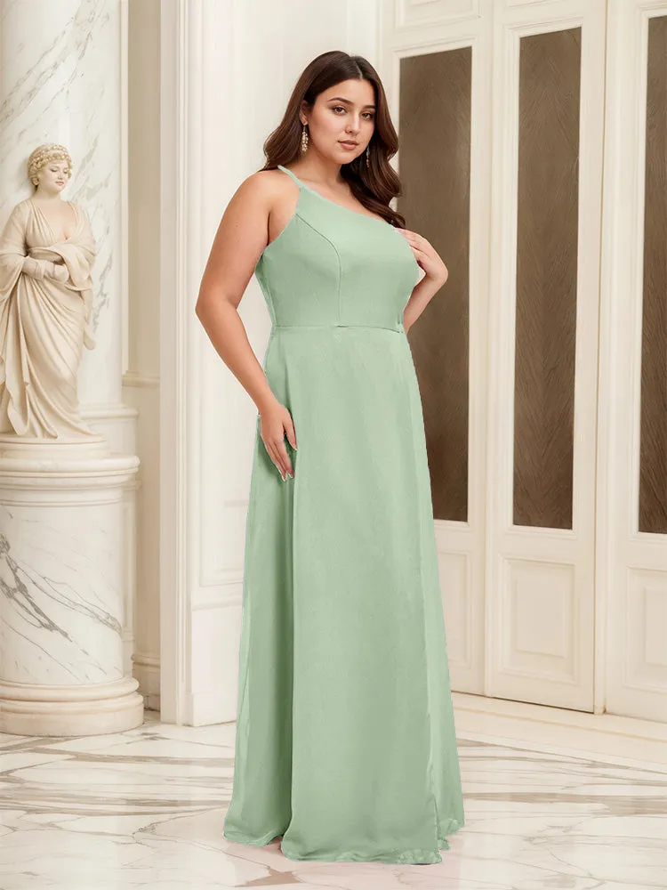 Sleeveless Slit One Shoulder Plus Size Long Bridesmaid Dress