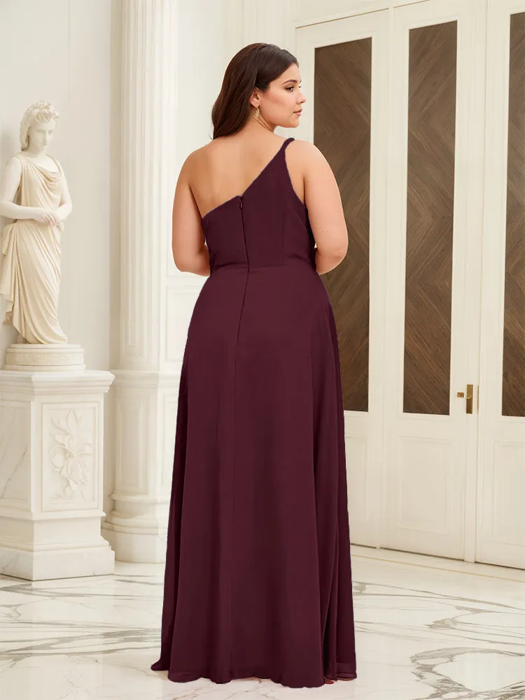 Sleeveless Slit One Shoulder Plus Size Long Bridesmaid Dress