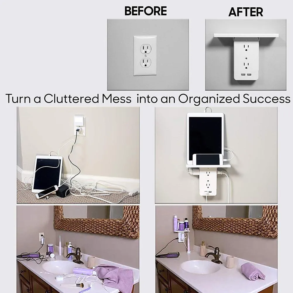 Socket Shelf Multi-function Power Outlet Shelf with Usb Ports Storage Holder white_U.S. regulations