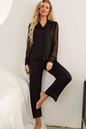 Spliced Lace Lapel Collar Pajama Set (2 Colors)