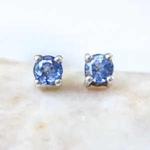 Sterling silver stud earrings with faceted blue sapphire in prongs setting with sterling silver post and backing